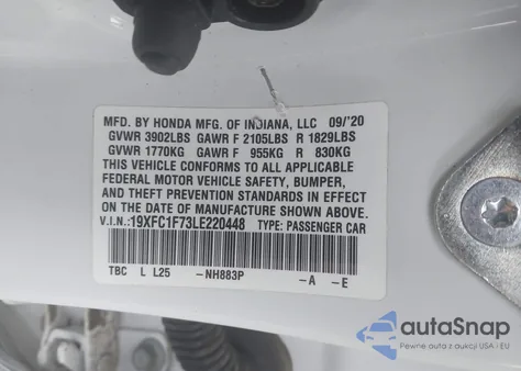 2020 Honda Civic Ex-L из США, поврежденный, VIN 19XFC1F73LE220448